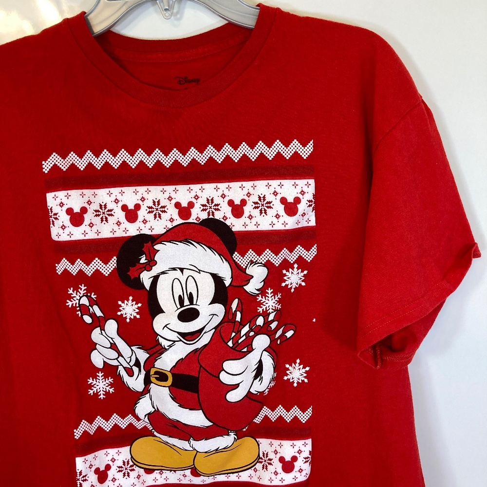 Disney Santa Mickey Mouse Shirt Sz L Red Short Sleeve Ugly Sweater Look - Picture 6 of 12